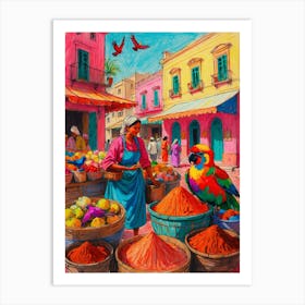 Parrots In The Market Art Print