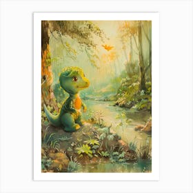 Cute Dinosaur By The Stream Watercolour Painting 2 Art Print