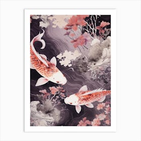 Pink And Purple Koi Fish Watercolour With Botanicals 2 Art Print