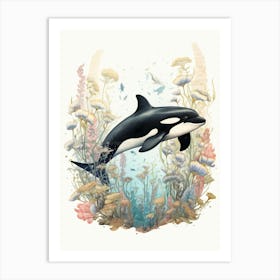 Orca Whale And Flowers 1 Art Print