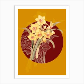 Vintage Botanical Chinese Sacred Lily Narcissus Tazetta on Circle Red on Yellow n.0310 Art Print