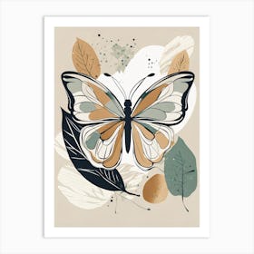 Boho Minimalist Butterfly with Leaves v6 Art Print