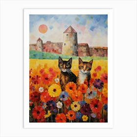 Two Cats And A Medieval Fortress Behind Art Print
