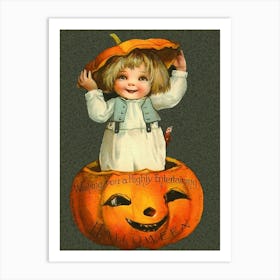 Cute Little Boy Is Coming From A Carved Pumpkin Art Print