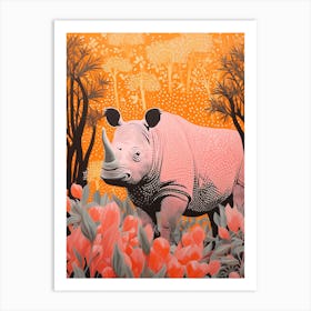 Geometric Pink & Orange Rhino In The Plants 1 Art Print