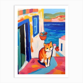 Painting Of A Cat In Mykonos Greece 1 Art Print