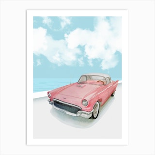 Pink Car At The Beach Art Print