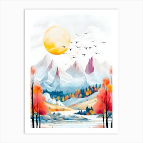 Tranquil Trails Avian Elegance Over Sun Kissed Peaks Art Print