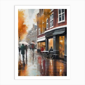 Amsterdam cafes, autumn season, rain, autumn oil colours.Faded colours,People passing on the street, winter clothes, rain umbrellas.7 4 Art Print