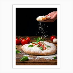 A Hand Stretching A Glistening Ball Of Pizza Dough Mid Action Flour Dusting In The Air From A Woode (6) Art Print