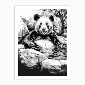 Giant Panda Relaxing In A Hot Spring Ink Illustration 2 Art Print