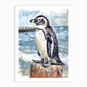 Humboldt Penguin Breakwater Watercolour Painting 1 Art Print