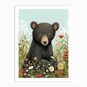 American Black Bear Cub In A Field Of Flowers Storybook Illustration 2 Art Print