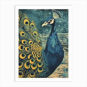 Blue Mustard Peacock & The Water Linocut Inspired 1 Art Print