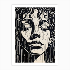 Black & White Linocut Inspired Face In The Rain 4 Art Print