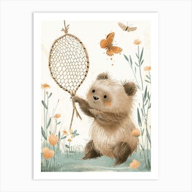 Sloth Bear Cub Playing With A Butterfly Net Storybook Illustration 1 Art Print