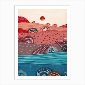 Boho Hills And Red Sun Art Print