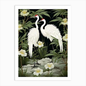 Green And White Cranes 3 Vintage Japanese Botanical Art Print