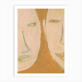Two - face portrait orange couple romance intimacy hand painted vertical bedroom Art Print