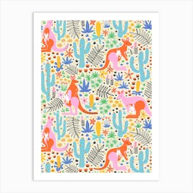 Multicolor Rainbow Kangaroos in a Cactus Jungle Kids Art Print