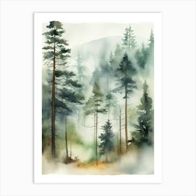 Appalachian Mountains of Misty Pines Watercolor Print of Evergreen Forest..125 Art Print