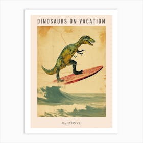 Vintage Baryonyx Dinosaur On A Surf Board 1 Poster Art Print