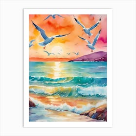 Wings of the Horizon: Seagulls at Gran Canaria's Coast Art Print