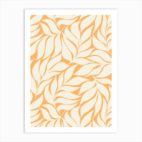 Cream White Wavy Tropical Leaves on Orange Art Print