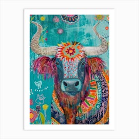 Kitsch Colourful Highland Cow 1 Art Print
