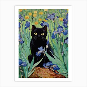 Vang Gogh Painting Irises With Black Cat Art Print