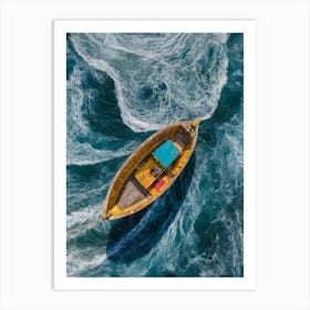 Yellow Wooden Boat In Rough Waters Art Print