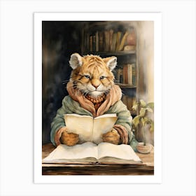 Tiger Illustration Reading Watercolour 4 Art Print