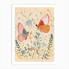 Folksy Floral Animal Drawing Butterfly Art Print