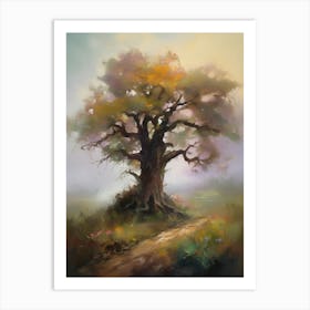 Oak tree, fine work of art, misty atmosphere, green meadow..21 Art Print