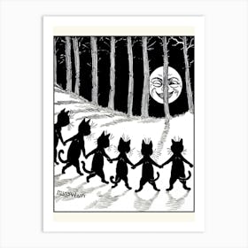 The Wink by Louis Wain - Famous Vintage Black Cats Dancing by The Smiling Full Moon - Retro Kitties Dance in the Moonlit Forest - Witchy Pagan Fairytale Magic Black and White Monochrome Art Print