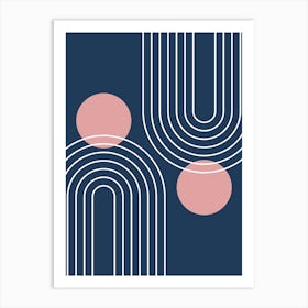 Mid Century Modern Geometric B13 In Navy Blue And Rose Gold (Rainbow And Sun Abstract) 01 Art Print