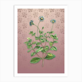 Vintage Blue Marguerite Plant Botanical on Dusty Pink Pattern n.0154 Art Print