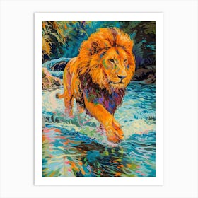 Asiatic Lion Crossing A River Fauvist Painting 4 Art Print