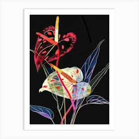 Neon Flowers On Black Flamingo Flower 2 Art Print