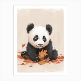 Giant Panda Cub Playing With A Fallen Leaf Storybook Illustration 3 Art Print