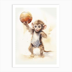 Monkey Painting Playing Basketball Watercolour 1 Art Print