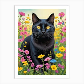 Quirky Cat In A Flower Field Art Print (1) Art Print