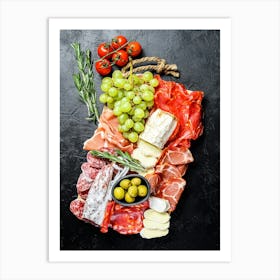 Olives and Italian meat antipasto — Food kitchen poster/blackboard, photo art Art Print