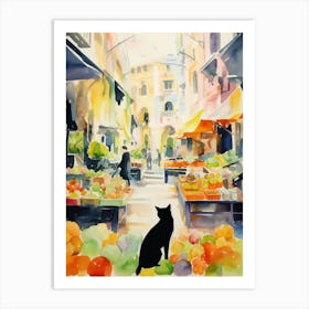 Food Market With Cats In Malaga 2 Watercolour Art Print