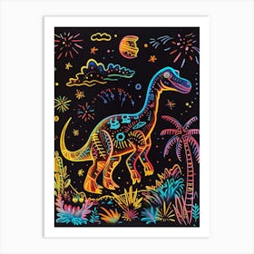 Mustard Neon Dinosaur At Night Art Print