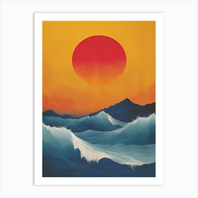 Japandi Cubist Fusion: Sunset Over The Ocean Art Print