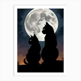 Silhouette Of Two Cats Under A Full Moon 3 Art Print