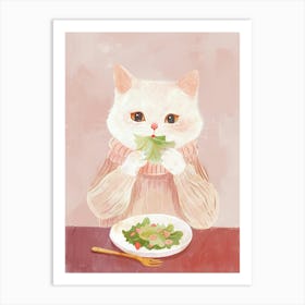 White Tan Cat Eating Salad Folk Illustration 1 Art Print