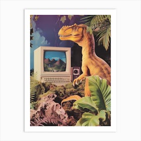 Dinosaur At A Computer Retro Collage 4 Art Print