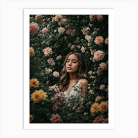 Photoreal In a Lush Garden Depict a Girl Surrounded by Bloomin flowers. Art Print